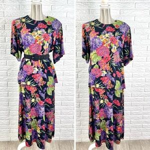 Vintage Classix Multicolored Floral Maxi Skirt Set with Shoulder Pads Size Large